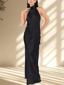 Women Y2k Satin Maxi Dress Elegant  Mock Neck Halter Dress Sleeveless Open Back Extra Length Cocktail Dress Wedding Guest Dress Graduation Long Dress Birthday Party Dress - 黑色 - 查看 3