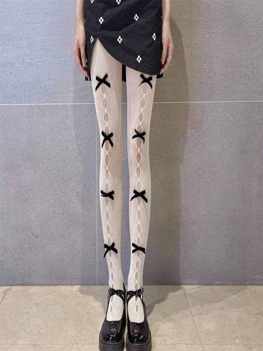 Butterfly Knot Fishnet Stockings For Women White Fishnet Pantyhose Hollow Out Pantyhose - 14 chiếc nơ đen - Xem 1