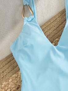 Women's Elegant Solid Color V-Neck Sexy Metal Ring Decor One-Piece Swimsuit, High Elasticity Fabric For Beach & Resort, Spring/Summer Vacation - Baby Blue - View 4