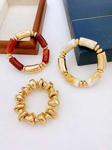 3pcs Vintage Multi-Layer Brown Acrylic Beaded Bracelet, Transformable Gold Bracelet,Vintage Boho Thick Multi-Layer Acrylic Beaded Bracelet, For Women, Couples, Party, Daily Wear,This Versatile Set Seamlessly Transitions From Casual Daily Outfits To Glamorous Party Ensembles, Adding A Touch Of Timeless Sophistication To Every Moment,Couples Gift For Holidays - 彩色 - 查看 4