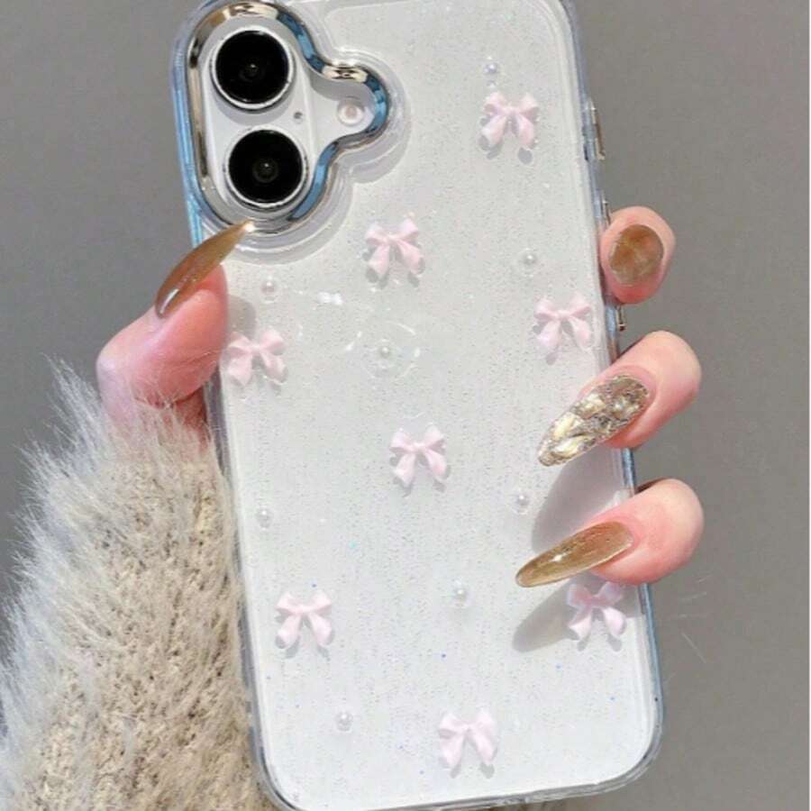 1pc New Fashionable Cute Light Pink Bow With Shiny Silver Frame Transparent Background Epoxy Resin Phone Case, Compatible With 17/17Air/17Pro/17ProMax/16/15/14/13/12/11/X/XS/XR/Mini/Pro Max/Pro/Plus, TPU Soft Full Coverage Phone Case - Pink - View 1