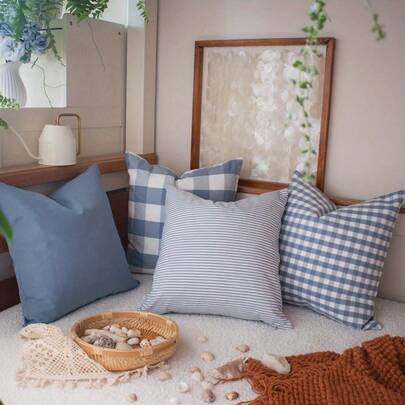 4 件装浅蓝色现代风格抱枕套 - 17.7*17.7 英寸，单面复古印花涤纶面料，带拉链，可机洗，适用于农舍、客厅、卧室、沙发、门廊、露台、户外装饰，不含枕芯