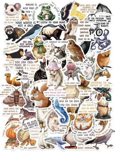 50张复古中世纪动物谚语贴纸，哑光防水自粘乙烯基材质，适合青少年和成人DIY，可用于日记、笔记本电脑、笔记本、手机壳、滑板、行李箱、杯子、剪贴簿等装饰。