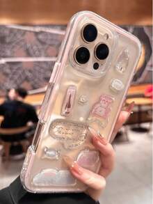 1pc New Fashion DIY Resin Sticker Illustration Transparent Phone Case Compatible With Apple 11, 12, 13, 14, 15, 16, Pro Max, Dopamine Dual-Layer Phone Case - Pink - View 1