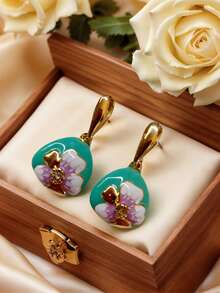ZHIXUN 1 Pair Of Retro Bohemian Style Fashionable Elegant Flower Patterns Earrings, New Enamel Drop Flower Design, Suitable For Daily Matching And Gatherings - Earring 1 - View 3
