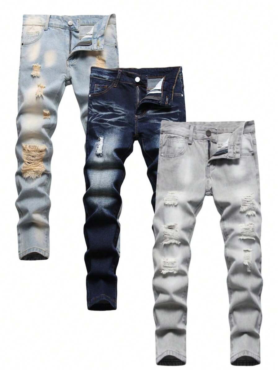 [3pcs Of Jeans]Tween Boys' Casual Slim-Fit Denim Jeans,Distressed Skinny High-Quality  Jeans,Straight Leg Casual Pants,Suitable For 8-16 Year Old Size - Blue - View 1