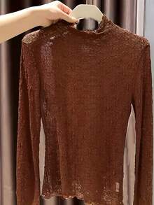 Autumn/Winter Turtleneck Long Sleeve Undershirt, Elegant Sheer Mesh Lace Overlay Top - Brown - View 2