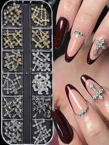 12格/盒 Y2K 十字混合风格 3D 美甲水钻，朋克哥特合金十字美甲装饰配件，混合 3D 美甲装饰，美甲用品 - 彩色 - 查看 2