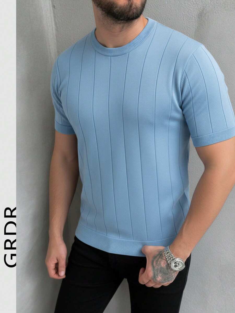 GRDR Suéter de punto de cuello redondo de unicolor de manga corta para hombres, adecuado para salidas de verano, esencial para un estilo de moda