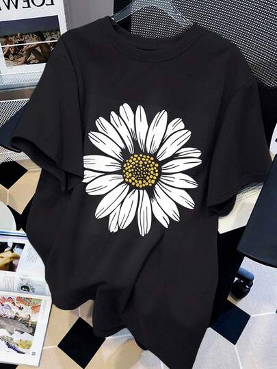 女士休闲雏菊印花T恤 - 清新橙色配白色花卉图案，圆领，可机洗，春夏必备加大码黑色雏菊图案T恤 女士复古黑色雏菊印花T恤