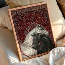 1 pieza Arte de pared de lienzo vintage - Dos caballos sobre una alfombra , con diseño ecuestre y de alfombra , patrones tradicionales rojos y azules, y un estilo estético moderno. Adecuado para la decoración del hogar, la decoración de la habitación, la decoración del dormitorio, la decoración de la sala de estar, la decoración del baño y la decoración de la pared. Arte de pared opcional con marco. - Multicolor - Ver 3