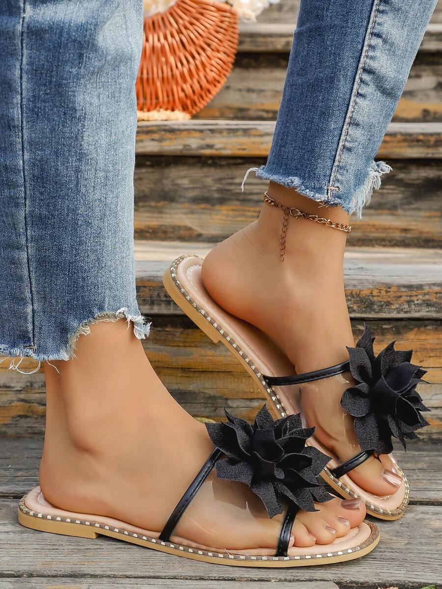 Sandálias rasteiras pretas com laço e estampa floral, versáteis para praia, férias, deslocamento diário e uso interno. Ideais para mulheres. - Preto - Ver 1