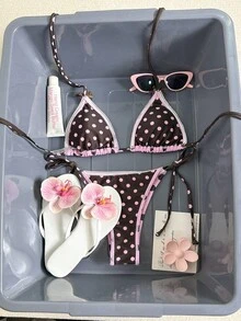 女士性感简约时尚比基尼套装，两件式泳衣，波点印花，挂脖系带，适合海滩、度假、约会，春夏新品 - 粉色 - 查看 8