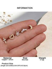 5pcs Women's Casual Fashion Moon, Heart, Cross Shaped Ear Cartilage Studs, Suitable For Daily Wear, Birthday Party, Gift, Party Outfit, Jewelry Earring Set