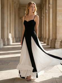 EVERPRETTY Elegant Chiffon Sweetheart Neck Sleeveless Black&White Color Long Bridesmaid Dress For Women Wedding Party Prom Semi Formal - Black and White - View 6