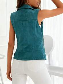 Chaqueta de motorista de ajuste ceñido de unicolor de ante sintético con cremallera para mujer - Lago azul - Ver 4