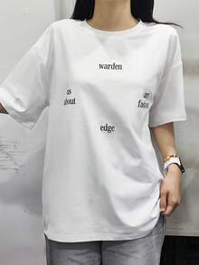 圆领短袖T恤，夏季新款字母印花，时尚休闲宽松女式上衣 - 白色 - 查看 2