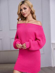 女士通勤，优雅新款时尚斜肩纯色针织休闲连衣裙 - 玫紅色 - 查看 5