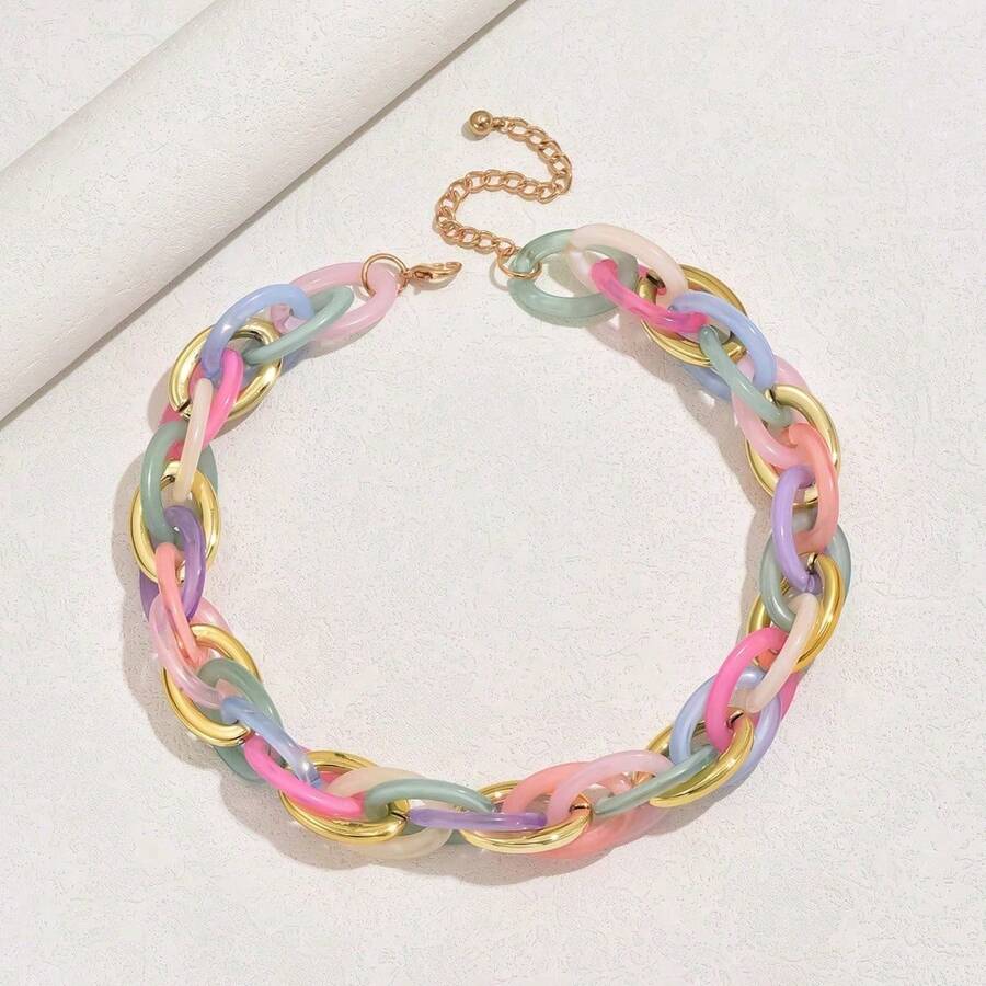 1 chiếc vòng cổ nhiều lớp bằng acrylic nhiều màu sắc, kiểu dáng phóng khoáng, mang phong cách retro tối giản dành cho nữ. - Màu sáng - Xem 1