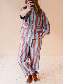 Women Striped 2 Piece Pajama Set Long Sleeve Button Down Shirt Christmas Pants Pj Sets Holiday Sleepwear - Màu xanh lam - Xem 1