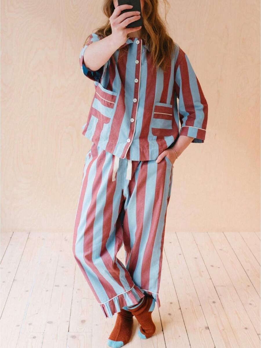 Women Striped 2 Piece Pajama Set Long Sleeve Button Down Shirt Christmas Pants Pj Sets Holiday Sleepwear - Màu xanh lam - Xem 1