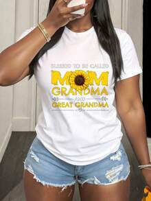 Camiseta estampada popular para damas, con la frase "Será llamada mamá, abuela y abuela de abuela", camiseta con diseño de girasol para mujeres, regalo para el Día de la Madre, adecuada para festivales, fiestas, salidas, deportes y otros eventos. - Blanco - Ver 4