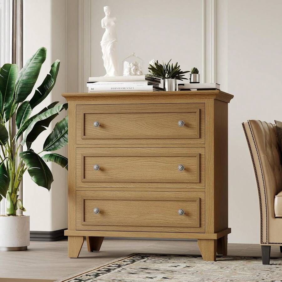 3 cajones, cajones de almacenamiento de madera con manijas metálicas exquisitas, pequeño gabinete de almacenamiento, moderno diseño para dormitorio, sala de estar, pasillo, entrada - Marrón - Ver 1
