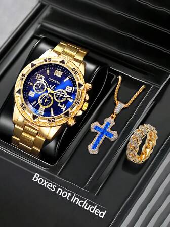 Set de 3 piezas con reloj de cuarzo casual de hombre estilo hip hop con correa dorada y caja de aleación, collar con colgante de cruz y anillo, adecuado para reuniones de negocios, universidad, regalo de cumpleaños, Día de San Valentín