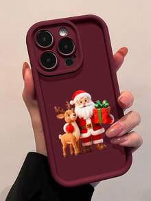 Papá Noel y renos con regalos. Esta elegante funda es compatible con los modelos  16, 15, 14 Pro Max, 13, 12, 11, XR y XS Plus. Fabricada en silicona TPU, ofrece protección contra golpes y caídas, además de una sensación superior. Es un regalo ideal para familiares, amigos y seres queridos, y una opción perfecta para Navidad. - Burdeos - Ver 3