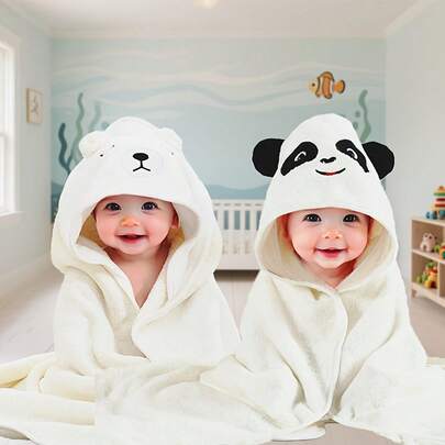 Baby/Kids Hooded Bath Towel + Washcloth Set, Soft & Absorbent, Cartoon Design, Machine/Hand Washable, Suitable For 0-6 Years Old Children, Great For Beach, Bathing, Holiday Gift