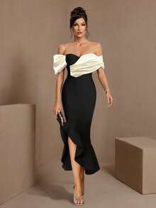 Contrast Color Twist Off-Shoulder Long Bodycon Dress - Black and White - View 6