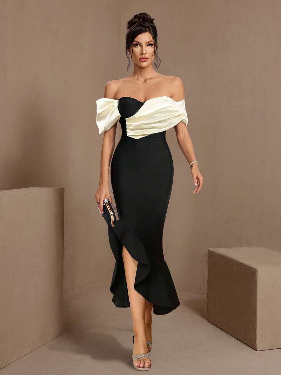 Contrast Color Twist Off-Shoulder Long Bodycon Dress - Black and White - View 1