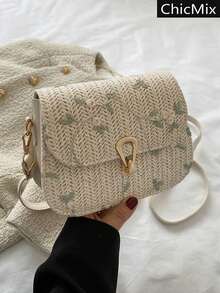 花卉刺繡草編馬鞍包，迷你編織斜挎包，女式帶扣裝飾翻蓋錢包（7.67 X 5.51 X 2.95）英寸