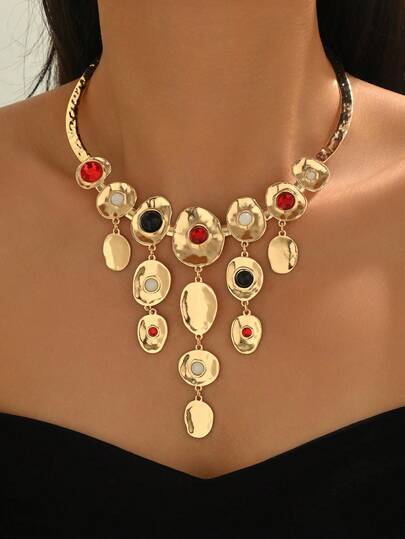 1pc Exaggerated Vintage Metal Style Maxi Collar Necklace, Geometric Asymmetrical Multi-Shape Colorful Resin Inlaid Long Tassel Pendant Maxi Collar Necklace, Suitable For Women To Wear To Festivals, Parties, Casual And Daily Occasions