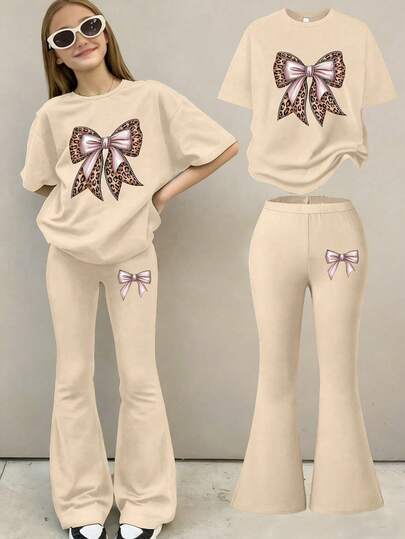 2pcs/Set Girls Leopard Print Bow Decor Short Sleeve T-Shirt And Flare Pants Set, Suitable For Spring/Summer