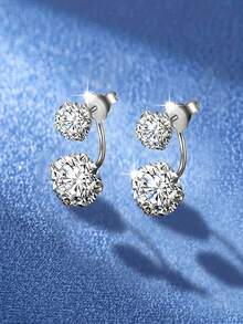 1 Pair S925 Sterling Silver Simple Double Diamond Convertible Stud Earrings, Sparkling Zirconia Hanging Earrings, Elegant Daily Wear Earrings, Versatile Gift