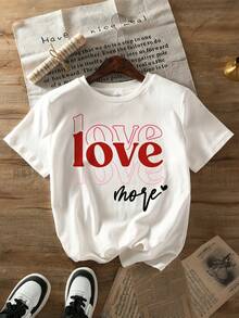 1pc Women's Valentine's Day Red  Print T-Shirt With Block Color Short Sleeve Top - Casual Round Neck H-Line Blouse,  Lettering For Date Nights & Casual Attire, Machine Washable (All-Season) - White 1 - View 2