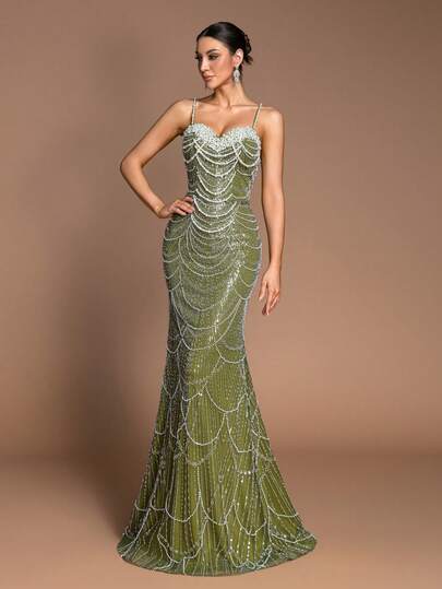 Formal Evening Mermaid Beaded Gown, Adorned With Shiny Sequins And Tulle, Elegant Fitted Silhouette, Floor-Length Flared Dress, Designed For Confident Women, Perfect For Wedding Guests, Formal Galas, European Soirees, Middle Eastern Celebrations, Festive Events And Special Occasions. This Timeless And Alluring Dress Is A Customer Favorite. Party Spring