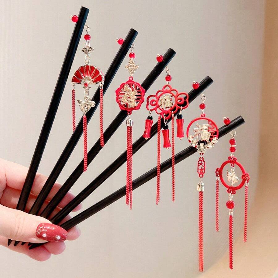 1个女士红色中国新年流苏发夹，锌合金吊坠发饰，适合日常发型装饰、发髻加长、发型造型发夹 - 彩色 - 查看 1