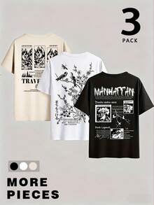 Zrgoth 3pcs/Set Men's Casual Versatile English Slogan & Nature Landscape Graphic Print Short Sleeve T-Shirts - Multicolor - View 3