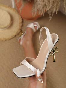 Women's French Style Backless Arched Ankle Strap Square Toe Thin Heel Sandals - Apricot - View 3
