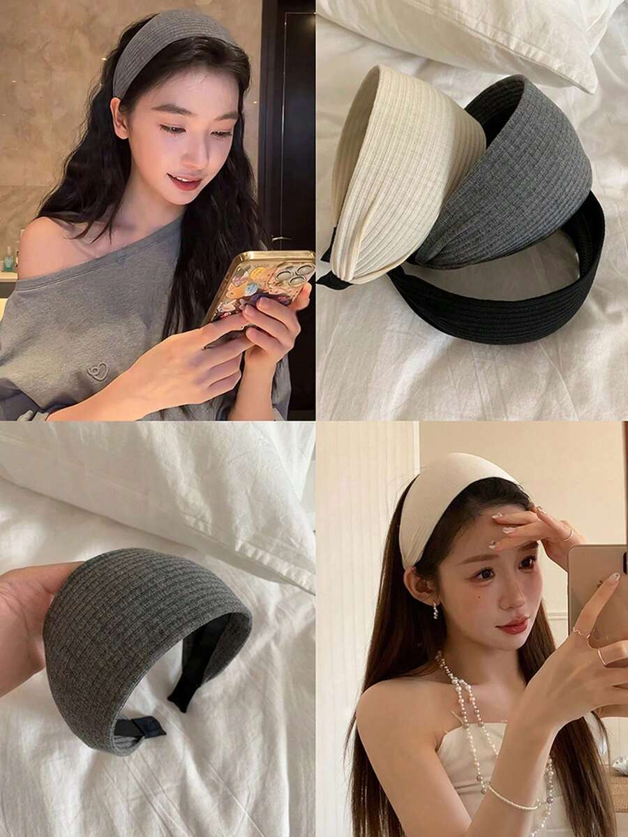 3 buc/1 buc bentițe tricotate extra late, negru/alb/gri, cu circumferința de 38 cm/14,96 in, la modă și versatile, de înaltă calitate, elegante, minimaliste, în culori solide, potrivite pentru purtare zilnică, casual, petrecere, naveta, plajă, legarea părului, spălatul feței, machiaj, accesoriu de ținută, bentiță de păr, accesorii pentru cap, bentiță de păr. - Multicolor - Vizualizare 1