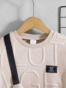 男童休闲纯色圆领短袖T恤短裤套装（2件套），带收纳袋，夏季 - 杏色 - 查看 3