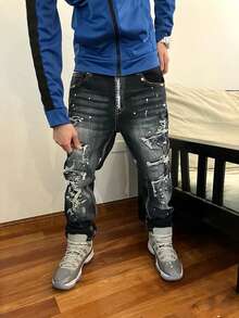 做旧猫须直筒牛仔裤，泼墨牛仔裤，毛边阔腿宽松牛仔裤，Y2K街头风休闲棉质日常裤 - 黑色 - 查看 2