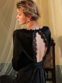 1pc Women's Satin Backless Long Sleeve Robe, Long Bathrobe Style Sleepwear - Multicolor - View 9