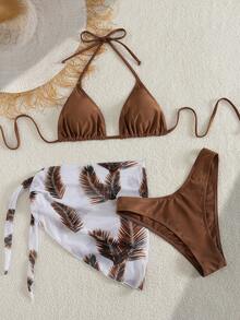 Bộ bikini 3 mảnh hở lưng buộc dây họa tiết lông vũ màu nâu mới dành cho nữ - màu nâu - Xem 6