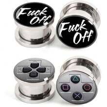 Stainless Steel Ear Gauges Plug Game Console And F**K Off Tunnel Stretching Expander Body Piercing Jewelry 4 Pieces Set 2G-1",36709652 - 藏蓝色 - 查看 1