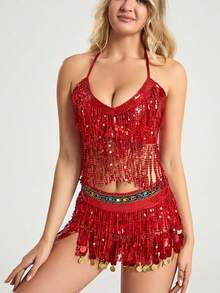 肚皮舞两件套躯干装饰和臀部装饰套装，带亮片流苏（多种颜色可选） - 彩色 - 查看 3