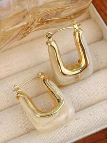 一对优雅复古U形耳环，金色树脂镶嵌——时尚日常配饰，女士完美礼物 - U型耳環 - 查看 3