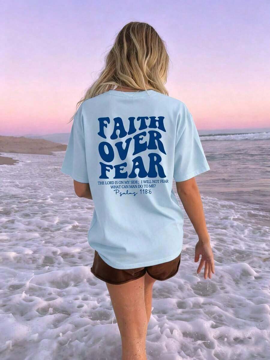 WeStyle Hub Valentine's Day 1 PcsWomen's "Belief Overcomes Fear" Letter Print Casual Round Neck Short Sleeve T-Shirt, Fashionable Resort Style, Essential Daily Wear. Women's Graphic Tee, Women's White Top180g 100% Cotton - 淺藍色 - 查看 1